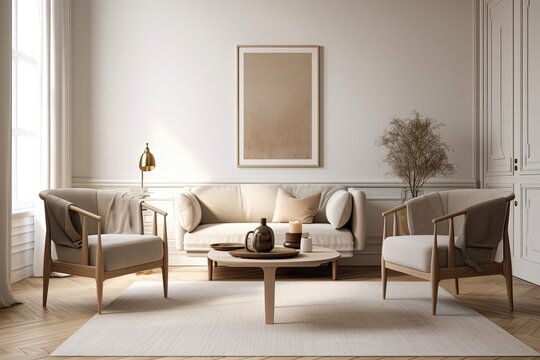Contemporary classic light beige furniture interior. Nordic boho. Coffee table, vase, book, armchairs. blank wall mockup. Excellent illustration. Generative AI