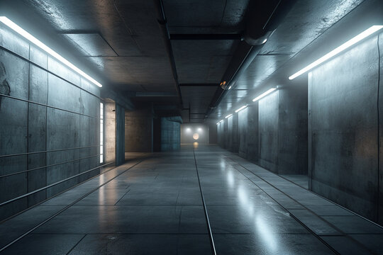 Underground tunnel, a long corridor in the bunker, illuminated by LED lamps, created by a neural network, Generative AI technology