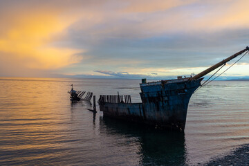 Silhouette of Lord Lonsdale shipwreck in the coast of Punta Arenas, Chile. The Lord Lonsdale...