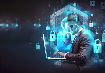 Development of a security system on the Internet. Binary code. Code development. Banner. AI generated