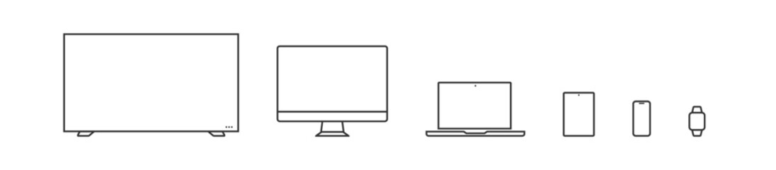 Device set line icons. Digital screen template: TV, computer, laptop, smartphone and smartwatch. Isolated vector flat technology illustration - obrazy, fototapety, plakaty