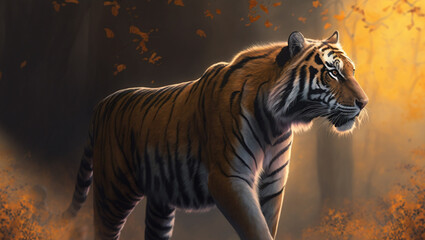 Great tiger male in the nature habitat. Tiger walk during the golden light time.