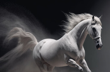 Obraz na płótnie Canvas White andalusian horse with long mane run in dust against dark background