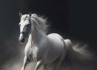 White horse run forward in dust on dark background