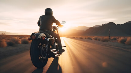 A biker on a motorcycle riding at sunset on a USA road, illustration ai generative