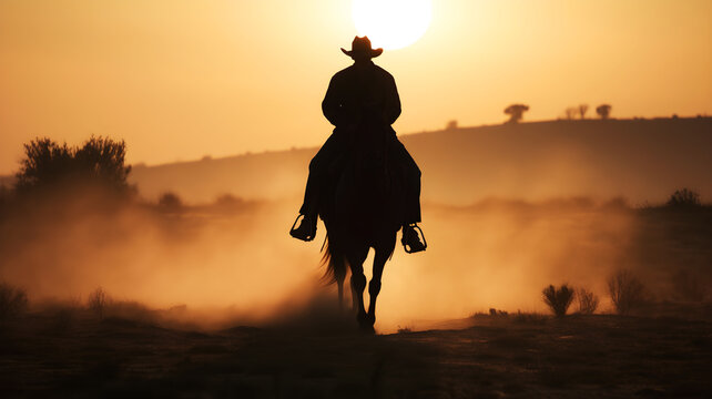 Silhouette of a lonely cowboy at sunset in the American West, illustration ai generative