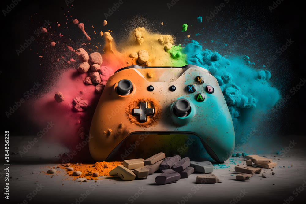 Aufkleber game joystick on colorful splash background. neural network ai generated art