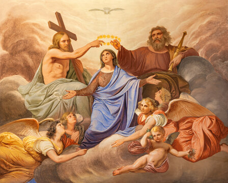 GENOVA, ITALY - MARCH 7, 2023: The fresco of Coronation of Virgin Mary in the church Chiesa di Francesco da Paola by Giuseppe Isola (18. cent.).