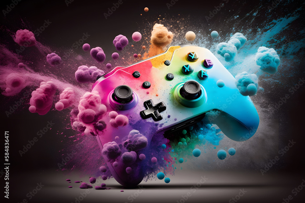 Aufkleber game joystick on colorful splash background. neural network ai generated art