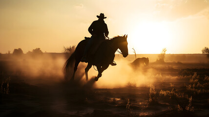 Fototapeta na wymiar Cowboy on horse at sunset in the American West, illustration ai generative