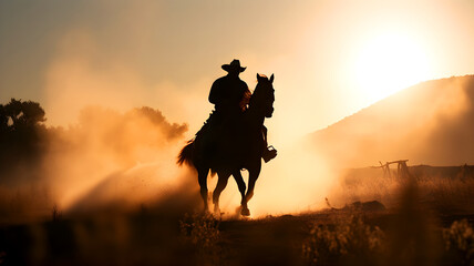 Fototapeta na wymiar Cowboy on horse at sunset in the Wild, illustration ai generative