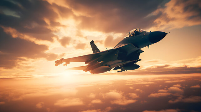 Jet fighter flying in a sunset sky, illustration ai generative