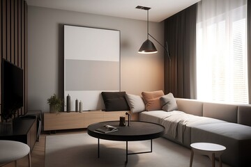 Naklejka na ściany i meble small appartment modern living room interior with table sofa curtains couch