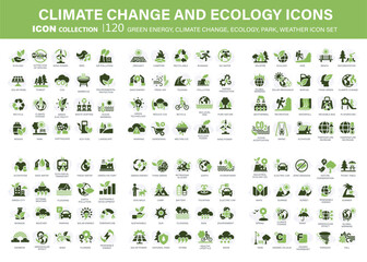 Climate change, ecology, green energy, park and weather 120 icon set. Containing global warming, renewable energy, greenhouse, melting ice, earth pollution, outdoor activity. Flat vector illustration