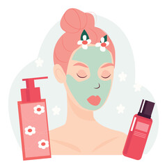 woman applying make up. skin care . girl and skin care. beautiful skin care vector illustration