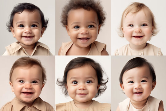 A set of six portraits of smiling multiethnic babies. Collage of kids on a beige background. Photorealistic illustration generative AI.