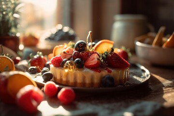 pastry with cream garnished with berrys, kitchen scene with natural sunlight, generative ai