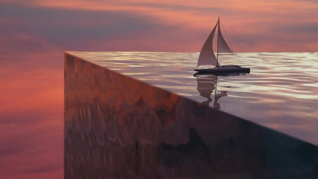 Dreamy render of yacht at sunset at the edge of the world. Seamless waves, warm pink sunset