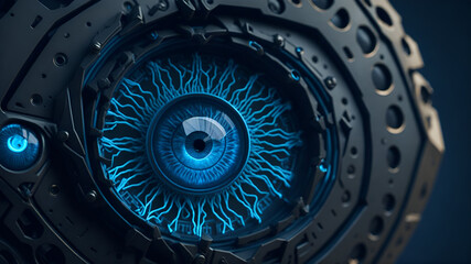 Robot or human eyeball close-up with blue pupil scanning an eye.