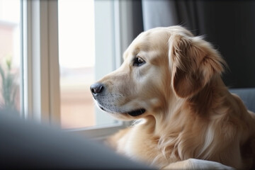 golden retriever looking out the window. Generate ai