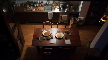 Fototapeta na wymiar Top view of a table ready for dinner. Generate ai