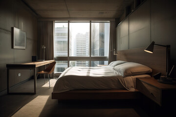Naklejka na ściany i meble A bedroom with a modern minimalist design, king-sized bed, white linen, concrete walls, warm lighting, floor-to-ceiling windows, and a minimalist desk