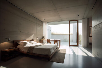 A bedroom with a modern minimalist design, king-sized bed, white linen, concrete walls, warm lighting, floor-to-ceiling windows, and a minimalist desk