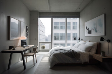 A bedroom with a modern minimalist design, king-sized bed, white linen, concrete walls, warm lighting, floor-to-ceiling windows, and a minimalist desk