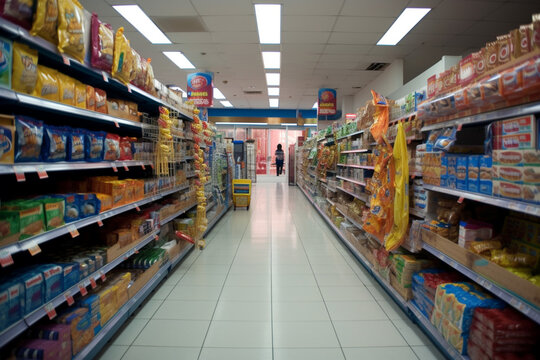 Supermarket Aisle With No People. Generate Ai