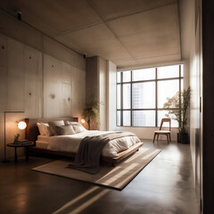Fototapeta na wymiar A bedroom with a modern minimalist design, king-sized bed, white linen, concrete walls, warm lighting, floor-to-ceiling windows, and a minimalist desk