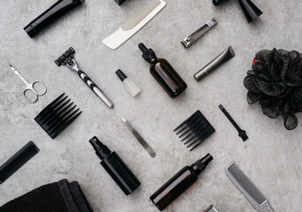 Set of various grooming and shaving tools on table
