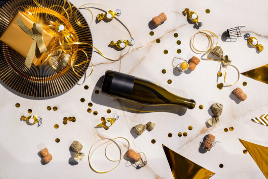 Bottle of champagne on table. Party style celebration 