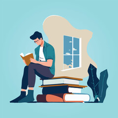 vector illustration, Men sitting on books studying