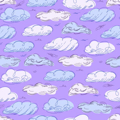 Seamless cloud pattern graphics in trendy style on white background. - obrazy, fototapety, plakaty