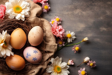 Obraz na płótnie Canvas Easter eggs and spring flowers Generative AI
