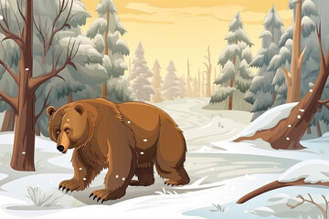 Illustration for children's books showing a bear walking through a forest in the snow. Generative AI.