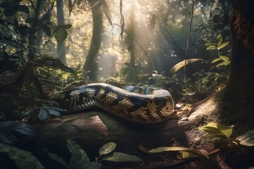 Green Anaconda basking in the sun in the Amazon Rainforest | Animal illustrations/backgrounds/wallpapers/portraits |