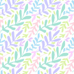Vector seamless pattern with pastel colors hand drawn botanical elements, branches with leaves, colotful artistic botanical illustration. Artistic floral graphic background.