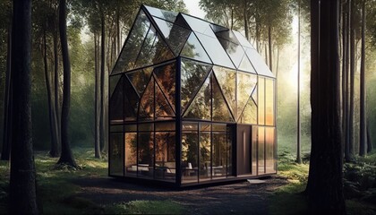 Glass house of the future made of wood and glass. Generate Ai.