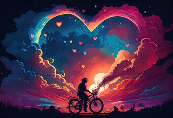 Illustration painting of love riding on bicycle. Generate Ai.