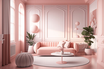 Elegant and modern living room, minimalist style, soft colors, illustration, AI generated