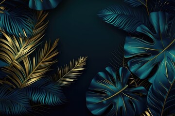 Beautiful luxury dark blue textured 3D background frame with golden green and blue tropical leaves. Generative AI