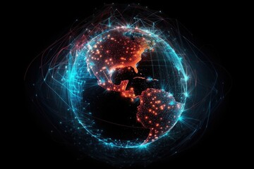 Communication technology global world network concept. Connection lines Around Earth Globe, Motion of digital data flow. Generative AI