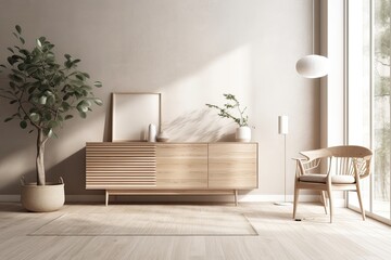 Bleached Japanese living room. Wooden dresser with wall mockup. Parquet. Interior design, panorama,. Generative AI