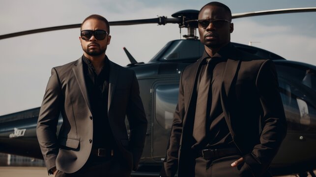 Two bodyguards with a helicopter on the background
