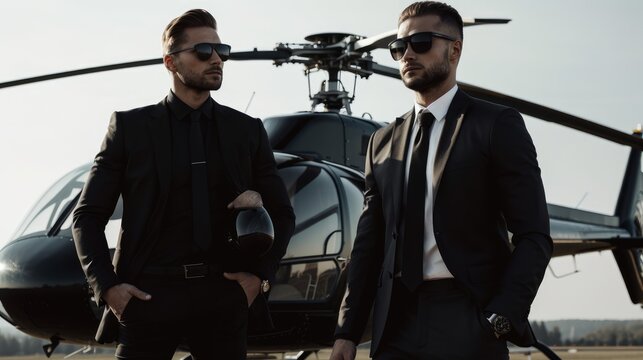 Two bodyguards with a helicopter on the background