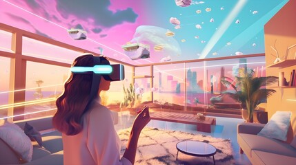 Viewing and showing of a Metaverse condo apartment in the city with a virtual real estate agent property in decentralized virtual reality world