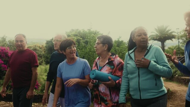 Happy multiracial senior friends walking together till the training fitness class in the park
