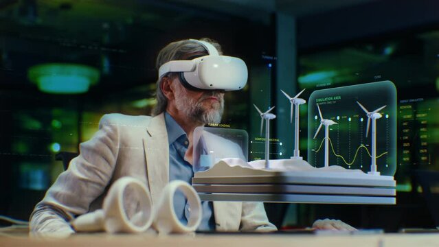 Male engineer uses VR headset, watches and checks engineering project with wind turbines in virtual reality. Work in modern hi-tech company. 3D hologram. Future innovative digital AI technologies.
