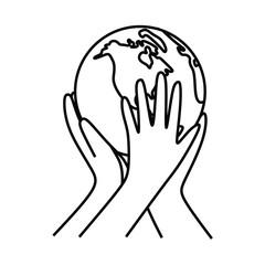 earth day logo, hand lifting earth, line art symbol, editable outline, black and white vector